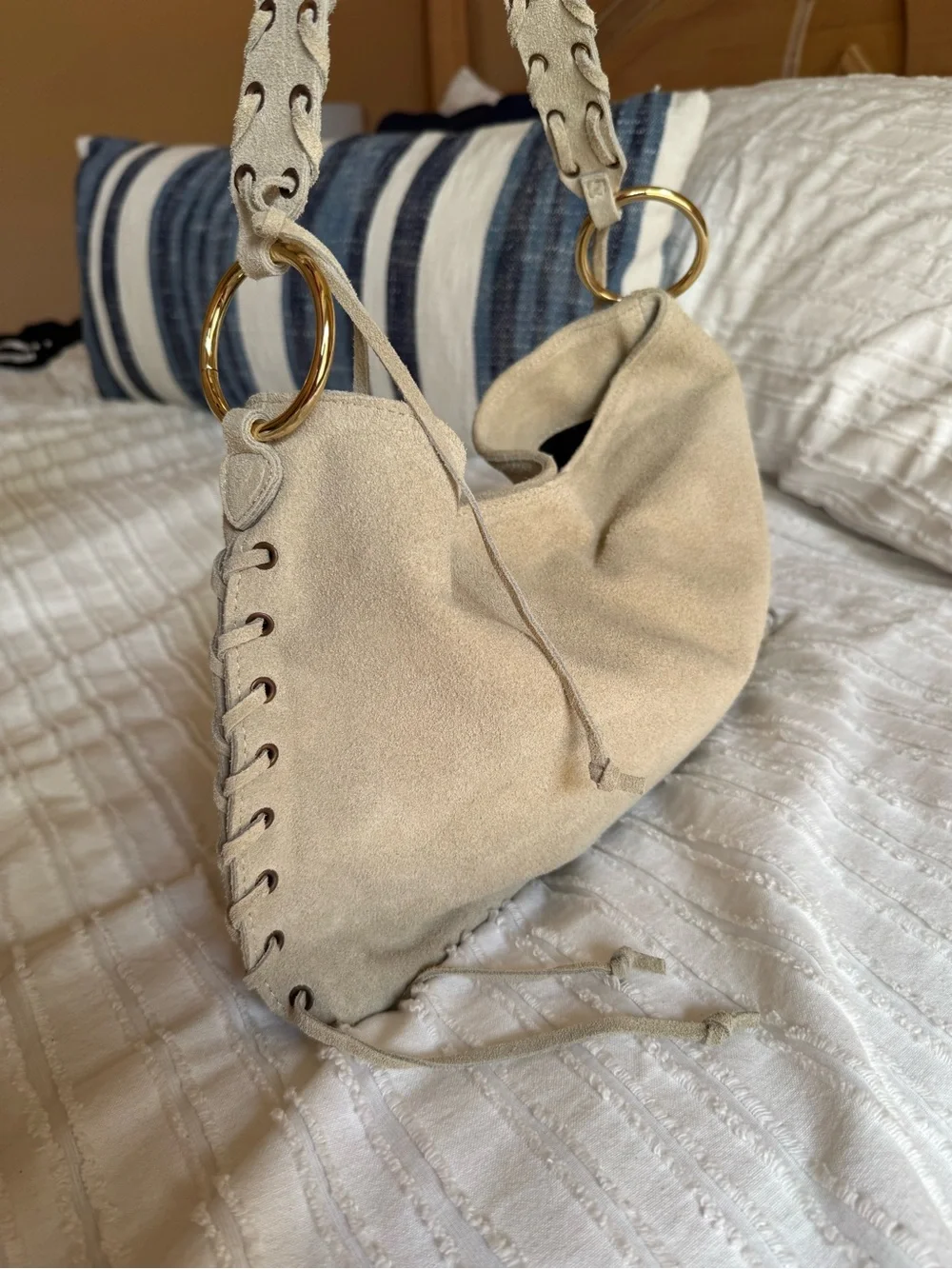 Beige Suede Shoulder Bag with Gold Rings
